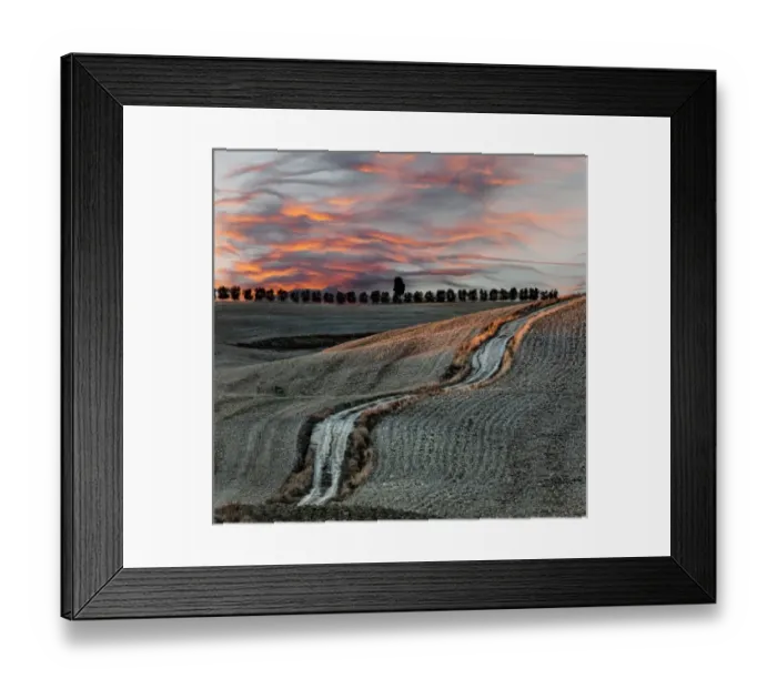 Framed Print : Rural road and harvested fields at sunset, San Quirico d Orcia, Tuscany, Italy Framed Print : Rural road and harvested fields at sunset, San Quirico d Orcia, Tuscany, Italy