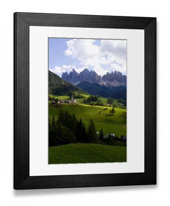 Framed Print : Beautiful isolated lonely church St Maddalena and village in valley in the Italian Framed Print : Beautiful isolated lonely church St Maddalena and village in valley in the Italian