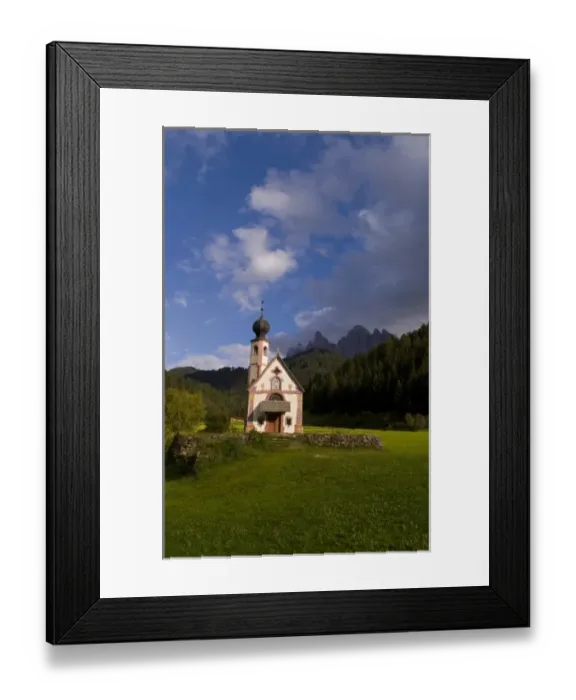 Framed Print : Beautiful isolated lonely church called Rainui in valley in the Italian Dolomites