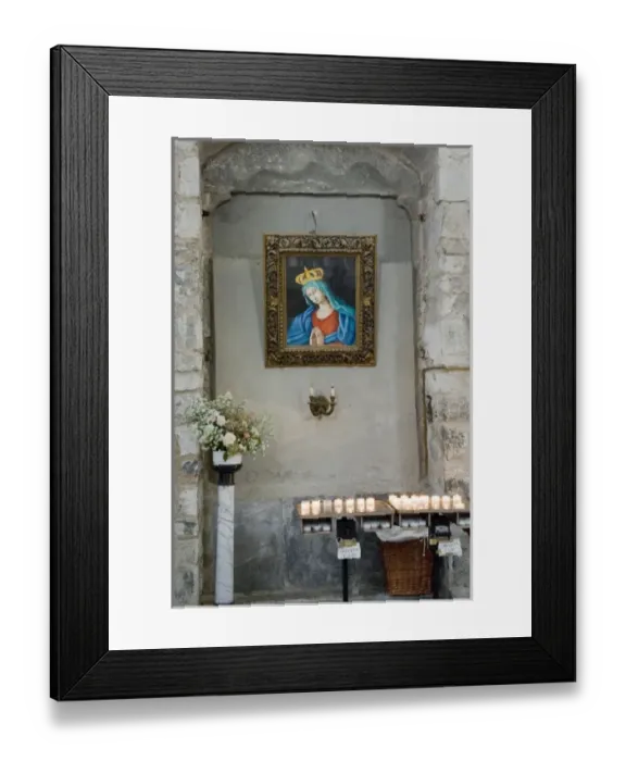 Framed Print : Italy, Cinque Terre, Manarola. A niche with candle offerings under a picture of Virgin Mary