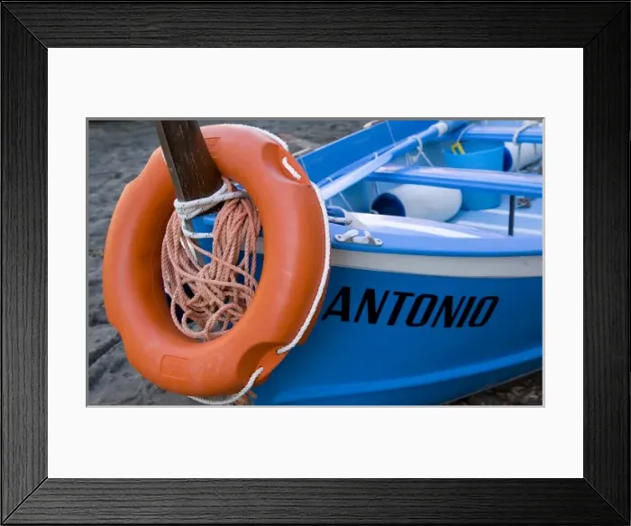 Framed Print : Italy, Cinque Terre, Vernazza. Blue boat bow with orange life preserver