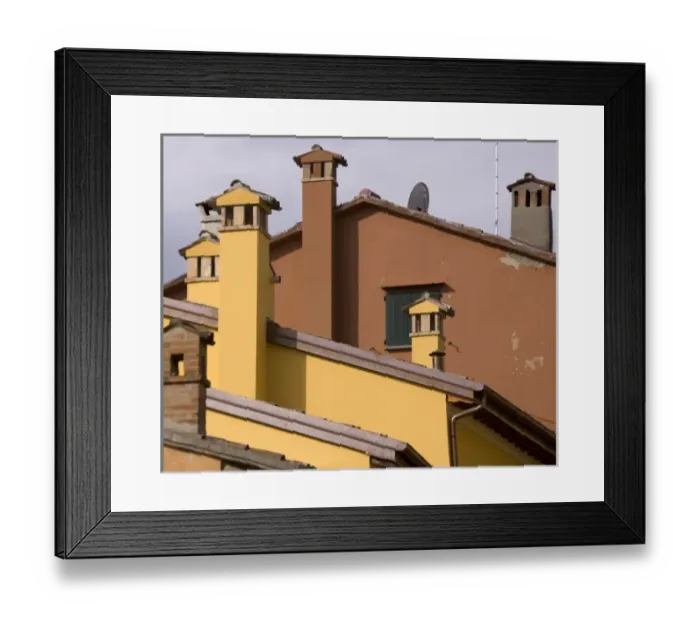 Framed Print : Italy, Dozza. Old and new roof lines with stone chimneys and a satellite dish Framed Print : Italy, Dozza. Old and new roof lines with stone chimneys and a satellite dish