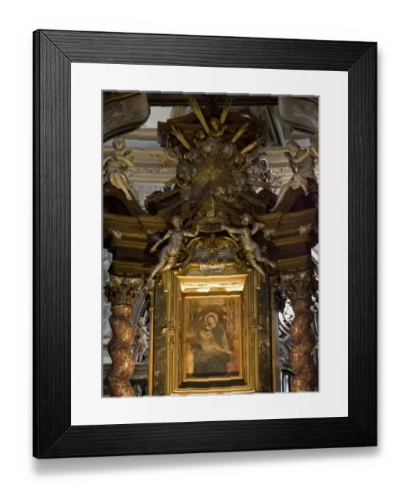 Framed Print : Italy, Parma. Detailed view of art adorning the altar at the Church of Mary of the Fence