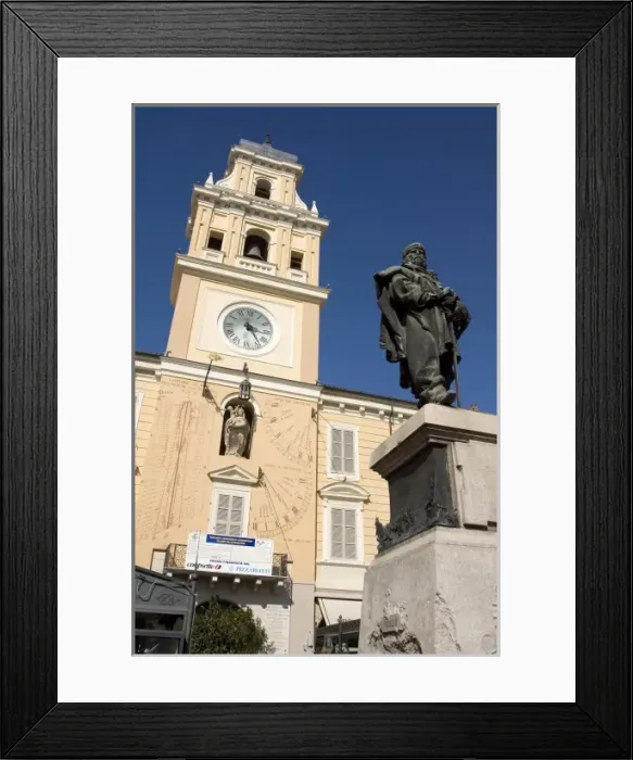 Framed Print : Italy, Parma. The main government building painted yellow with a statue of Garibaldi