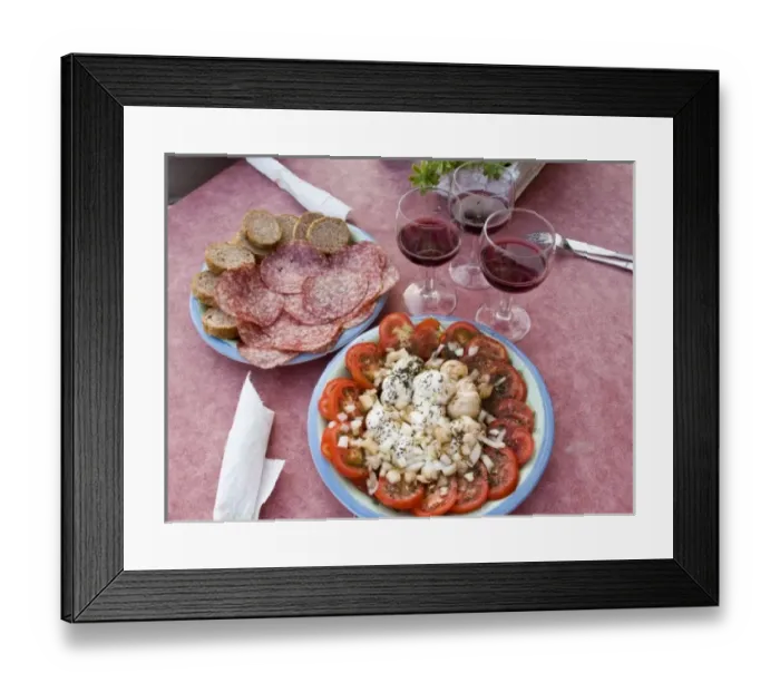 Framed Print : Italy, Positano. Antipasti and wine
