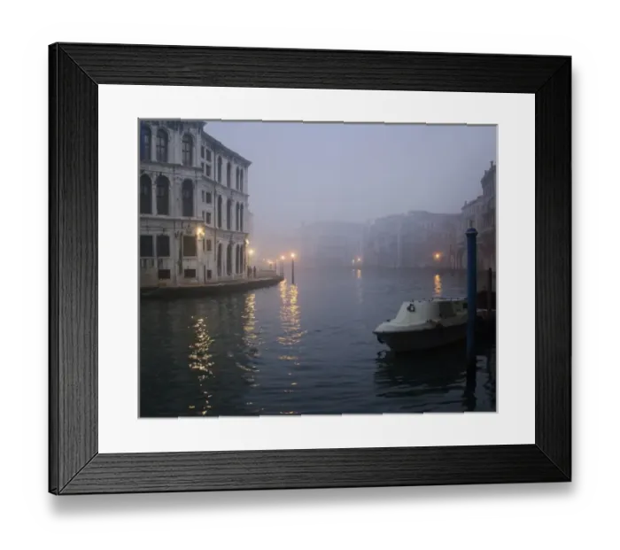 Framed Print : Italy, Venice. Boat moored on Grand Canal in early morning fog Framed Print : Italy, Venice. Boat moored on Grand Canal in early morning fog
