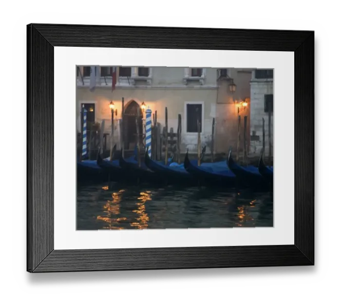 Framed Print : Italy, Venice. Gondolas moored in front of hotel in early morning light