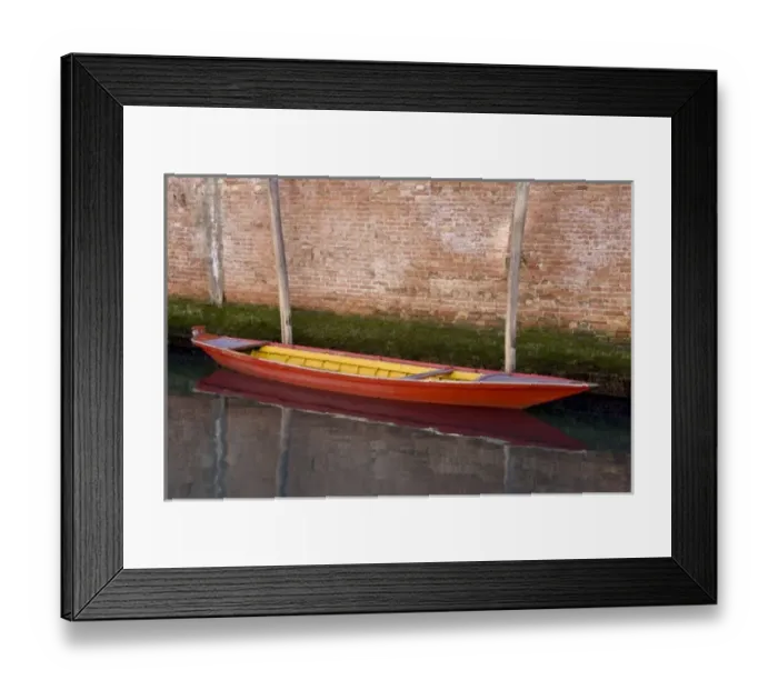 Framed Print : Italy, Venice. Red boat reflecting in canals still water Framed Print : Italy, Venice. Red boat reflecting in canals still water