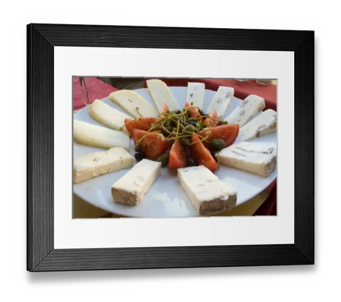 Framed Print : Italy, Vernazza. Antipasti dish of cheese, tomatoes, and capers Framed Print : Italy, Vernazza. Antipasti dish of cheese, tomatoes, and capers