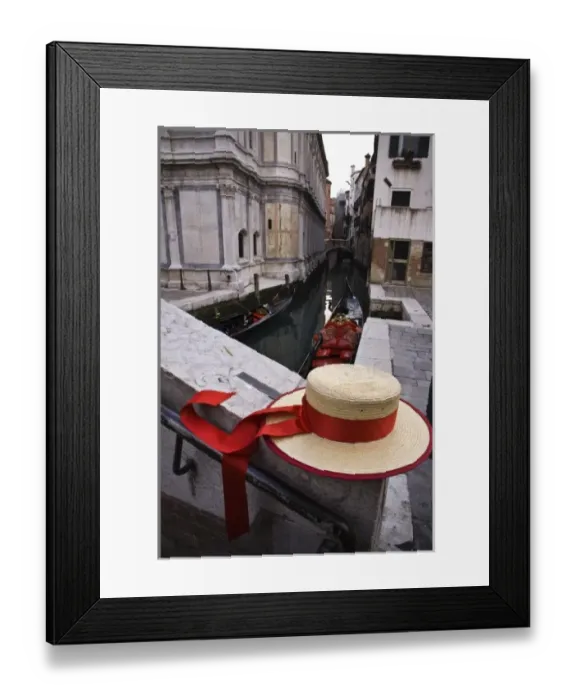 Framed Print : Italy, Veneto, Venice. Gondoliers hat and gondolas on canal Framed Print : Italy, Veneto, Venice. Gondoliers hat and gondolas on canal