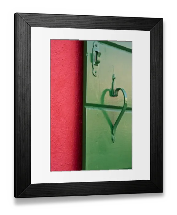 Framed Print : Italy, Burano. Handle on green shutter contrasts with red wall Framed Print : Italy, Burano. Handle on green shutter contrasts with red wall