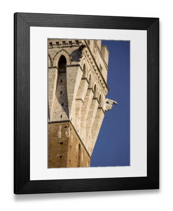 Framed Print : Italy, Tuscany, Sienna. Close-up of gargoyles and top of Torre del Mangia tower