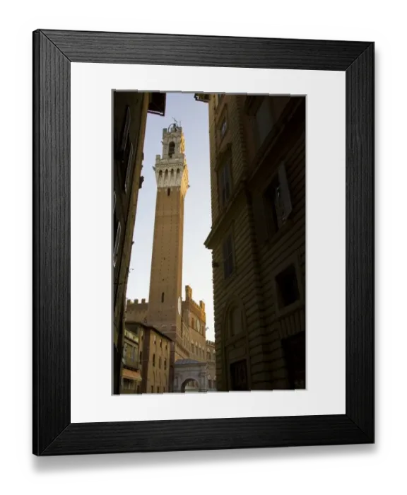 Framed Print : Italy, Tuscany, Sienna. Looking down a narrow street at the Torre del Mangia framed by buildings Framed Print : Italy, Tuscany, Sienna. Looking down a narrow street at the Torre del Mangia framed by buildings