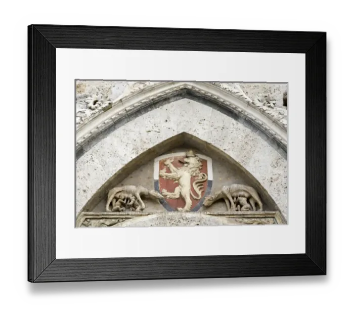 Framed Print : Italy, Tuscany, Sienna. Detail on Piazza del Campo showing a coat-of-arms and Romulus
