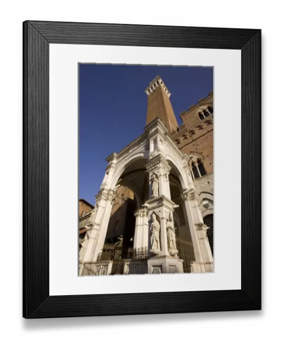 Framed Print : Italy, Tuscany, Sienna. Looking straight up at the Cappella di Piazza and tower of Torre del Mangia Framed Print : Italy, Tuscany, Sienna. Looking straight up at the Cappella di Piazza and tower of Torre del Mangia