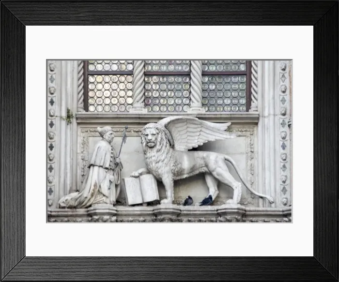 Framed Print : Italy, Venice. Statue of a winged lion and the Doge on the Doges Palace