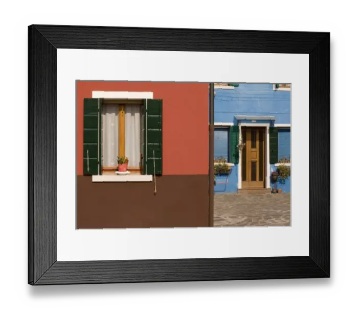 Framed Print : Italy, Venice, Burano. Contrast of colorful windows, door and walls Framed Print : Italy, Venice, Burano. Contrast of colorful windows, door and walls
