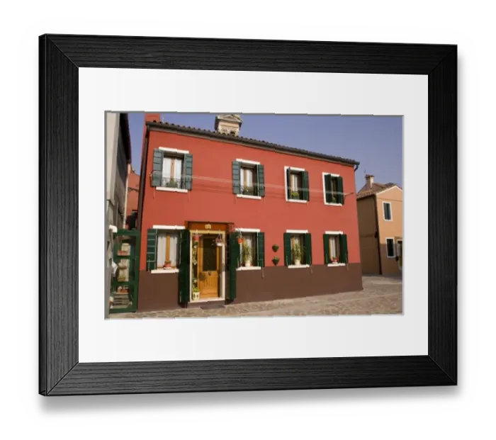 Framed Print : Italy, Venice, Burano. A bright orange house with green shutters Framed Print : Italy, Venice, Burano. A bright orange house with green shutters