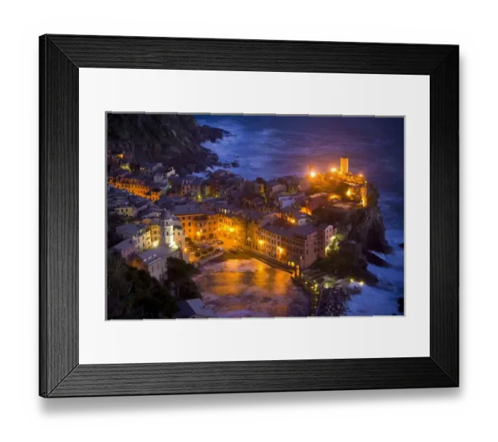 Framed Print : Italy, Vernazza, Cinque Terra. Overview of city lit at night Framed Print : Italy, Vernazza, Cinque Terra. Overview of city lit at night