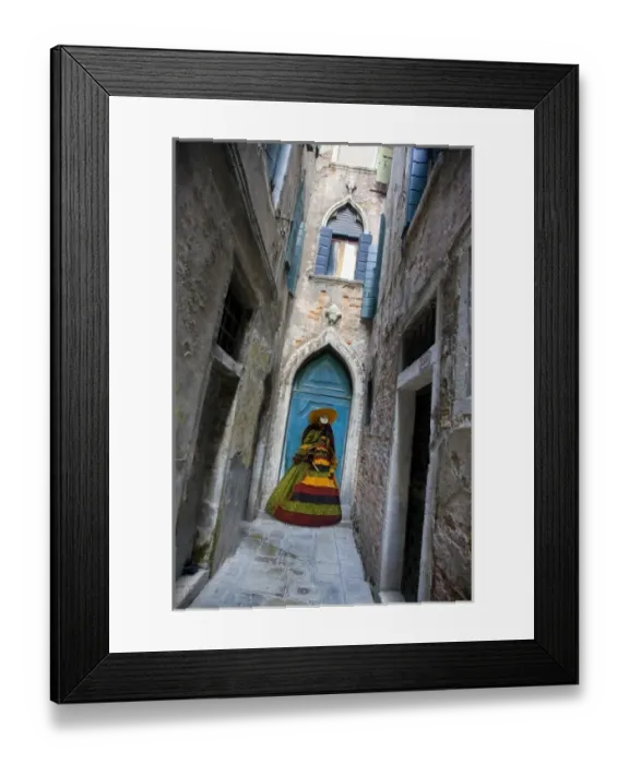 Framed Print : Italy, Venice. Woman dressed for annual Carnival festival stands in narrow passage Framed Print : Italy, Venice. Woman dressed for annual Carnival festival stands in narrow passage