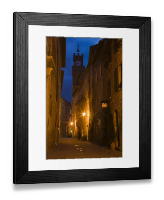Framed Print : Italy, Tuscany. Twilight settles over the village of Pienza Framed Print : Italy, Tuscany. Twilight settles over the village of Pienza