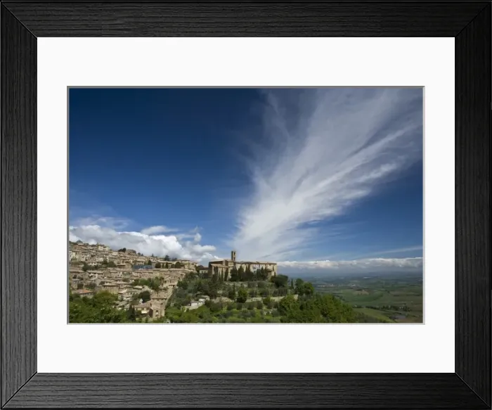 Framed Print : Italy, Tuscany. Dramatic clouds over the hill town of Montalcino Framed Print : Italy, Tuscany. Dramatic clouds over the hill town of Montalcino