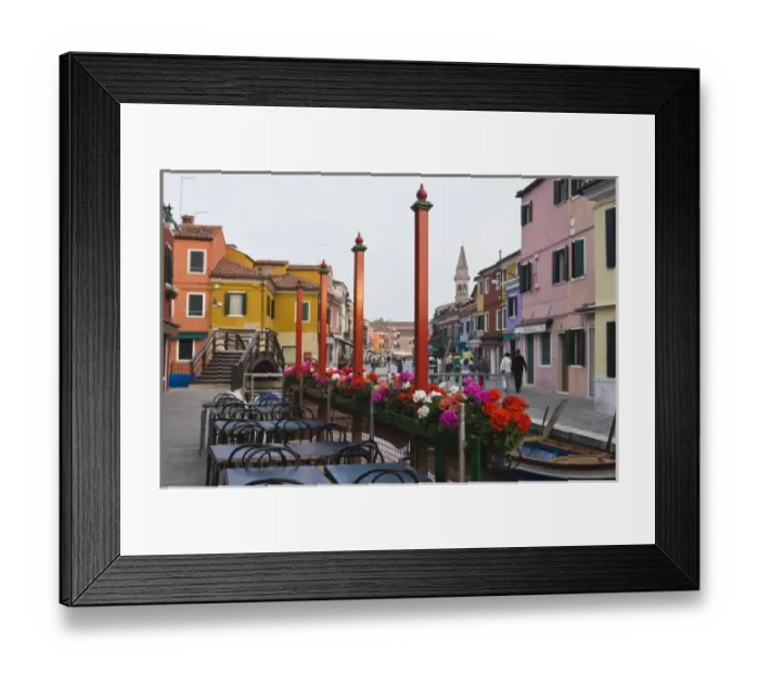 Framed Print : Italy, Venice, Burano. Cafe tables along the canal Framed Print : Italy, Venice, Burano. Cafe tables along the canal