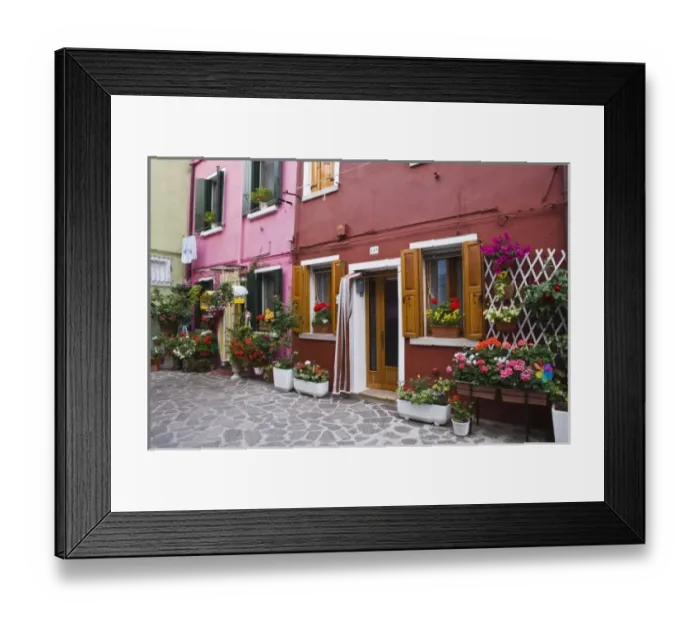 Framed Print : Italy, Venice, Burano. Multi-colored houses with flowers outside Framed Print : Italy, Venice, Burano. Multi-colored houses with flowers outside