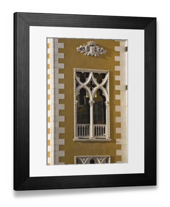 Framed Print : Italy, Venice. Window of Palazzo Cavalli-Franchetti with image of chairman inside