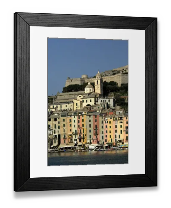 Framed Print : Europe, Italy, Portovenere aka Porto Venere. Colorful fishing village, fortress walls