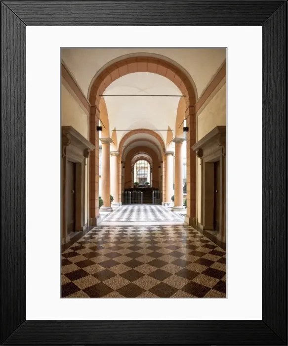 Framed Print : Bologna, Emilia-Romagna, Italy - An arched hallway with a diamond patterned floor Framed Print : Bologna, Emilia-Romagna, Italy - An arched hallway with a diamond patterned floor