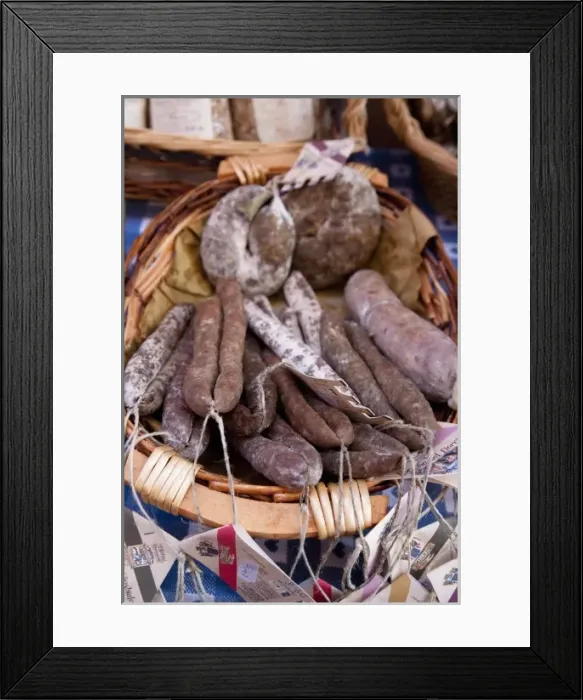 Framed Print : Castelnuovo di Garfagnana, Tuscany, Italy - High angle view of a basket of sausages Framed Print : Castelnuovo di Garfagnana, Tuscany, Italy - High angle view of a basket of sausages
