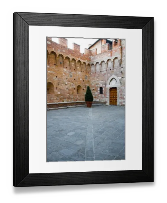 Framed Print : Sienna, Tuscany, Italy - The courtyard of an old world building with a single potted Framed Print : Sienna, Tuscany, Italy - The courtyard of an old world building with a single potted