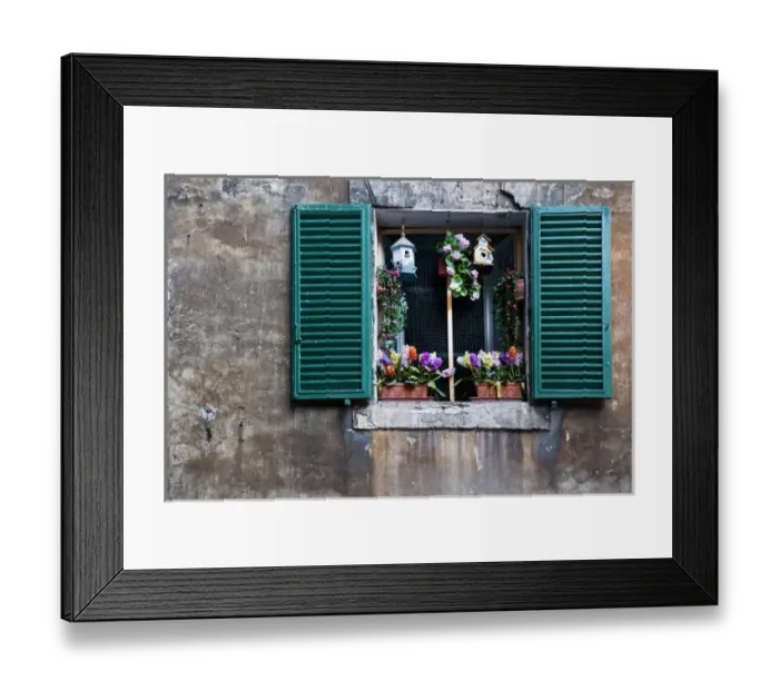Framed Print : Sienna, Tuscany, Italy - View of a window with green shutters. It is decorated with flowers