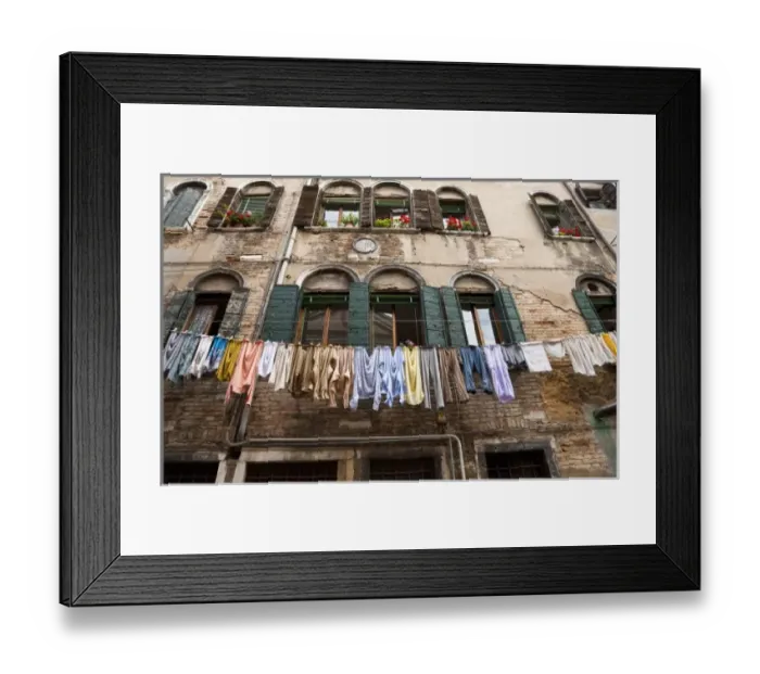 Framed Print : Venice, Veneto, Italy - Laundry is hanging on an outside clothesline to dry in an Framed Print : Venice, Veneto, Italy - Laundry is hanging on an outside clothesline to dry in an