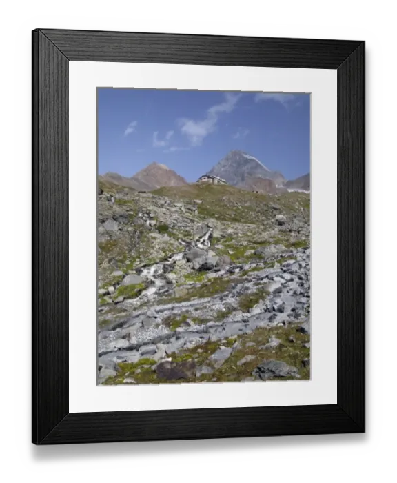 Framed Print : Pizzini hut (2706 m) in the upper Sondrio province, Italy. In the background Framed Print : Pizzini hut (2706 m) in the upper Sondrio province, Italy. In the background