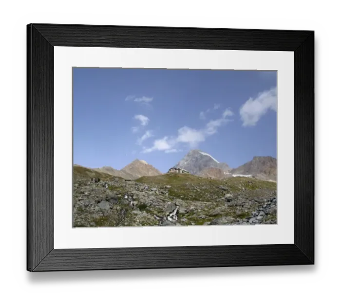 Framed Print : Pizzini hut (2706 m) in the upper Sondrio province, Italy. In the background Framed Print : Pizzini hut (2706 m) in the upper Sondrio province, Italy. In the background
