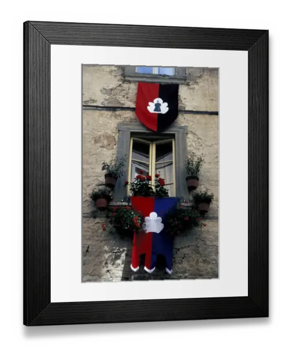 Framed Print : Europe, Italy, Umbria, Assisi. Window flags Framed Print : Europe, Italy, Umbria, Assisi. Window flags