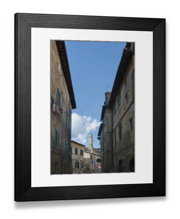 Framed Print : Europe, Italy, Tuscany, Siena, Midieval Alleyway with Torre del Mangia in the Background