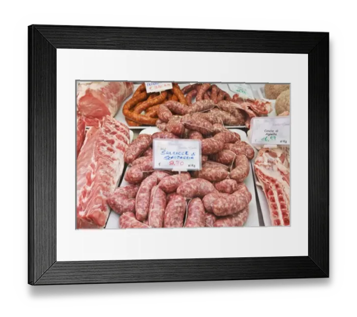 Framed Print : Europe, Italy, Tuscany, Florence, Sausages and Meat For Sale at Market