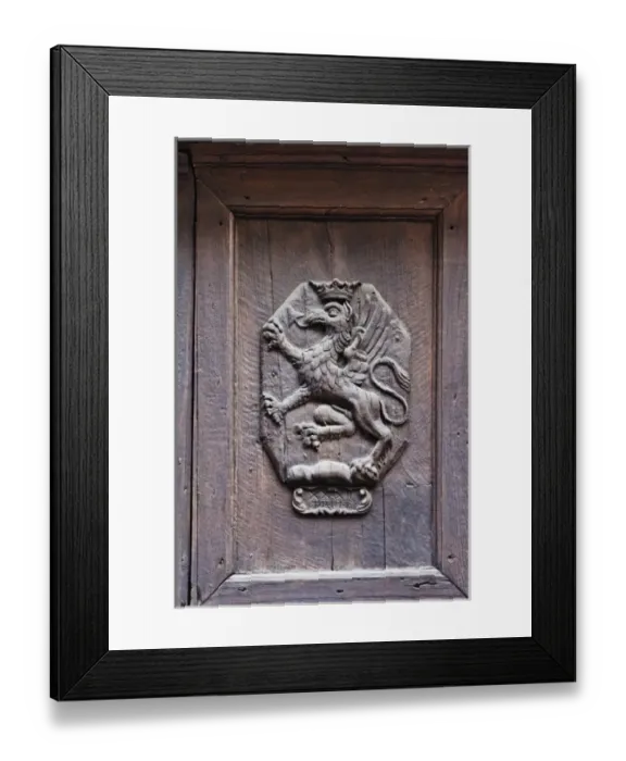 Framed Print : Europe, Italy, Umbria, Perugia, Griffitn (Winged Lion) Building Decoration -