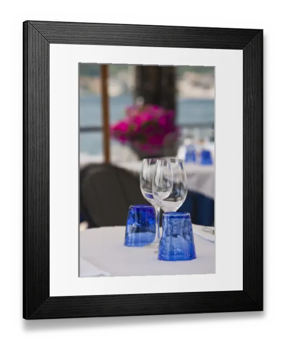 Framed Print : Italy, Brescia Province, Salo. Cafe table glasses Framed Print : Italy, Brescia Province, Salo. Cafe table glasses