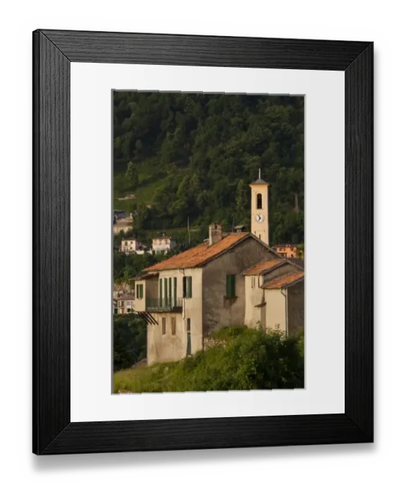Framed Print : Italy, Como Province, Argegno. Mountainside church, sunrise