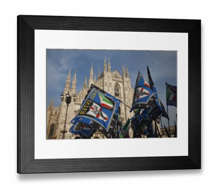 Framed Print : Italy, Milan Province, Milan. Milan Cathedral and soccer team flags