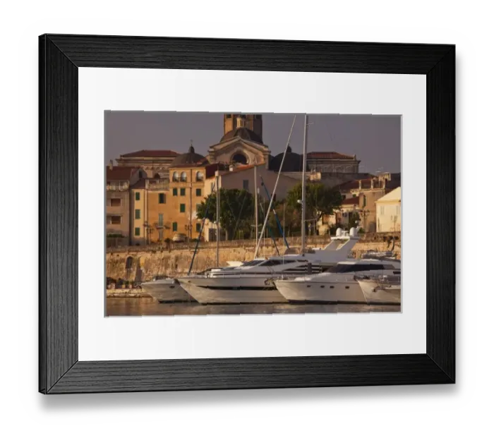 Framed Print : Italy, Sardinia, Alghero. City walls from the yacht marina, sunrise