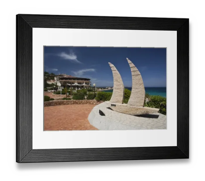 Framed Print : Italy, Sardinia, Baja Sardinia. Sailboat statue, beachside resort Framed Print : Italy, Sardinia, Baja Sardinia. Sailboat statue, beachside resort