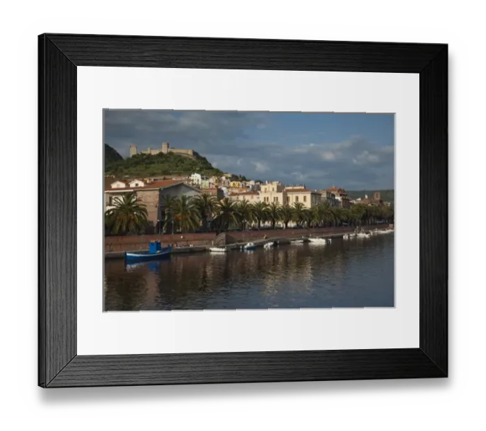 Framed Print : Italy, Sardinia, Bosa. Town view along Temo River and Castello Malaspina
