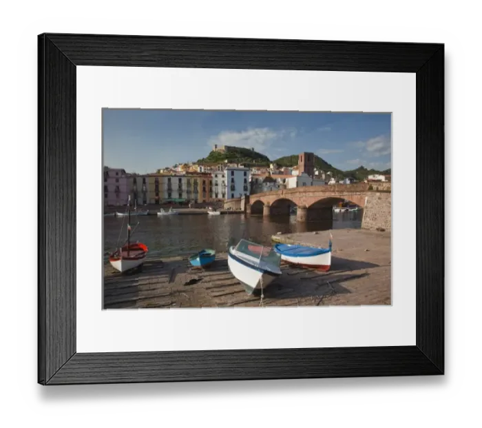 Framed Print : Italy, Sardinia, Bosa. Town view along Temo River and Ponte Vecchio bridge Framed Print : Italy, Sardinia, Bosa. Town view along Temo River and Ponte Vecchio bridge