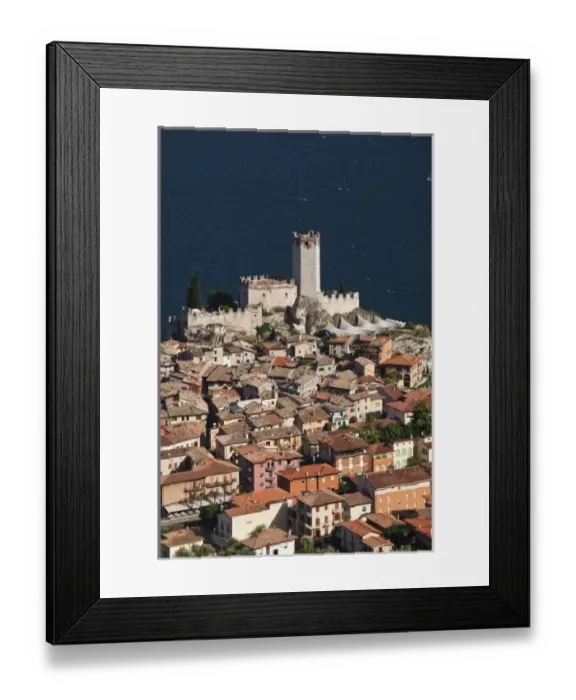 Framed Print : Italy, Verona Province, Malcesine. Aerial town view and Castello Scaligero from Monte Baldo Framed Print : Italy, Verona Province, Malcesine. Aerial town view and Castello Scaligero from Monte Baldo