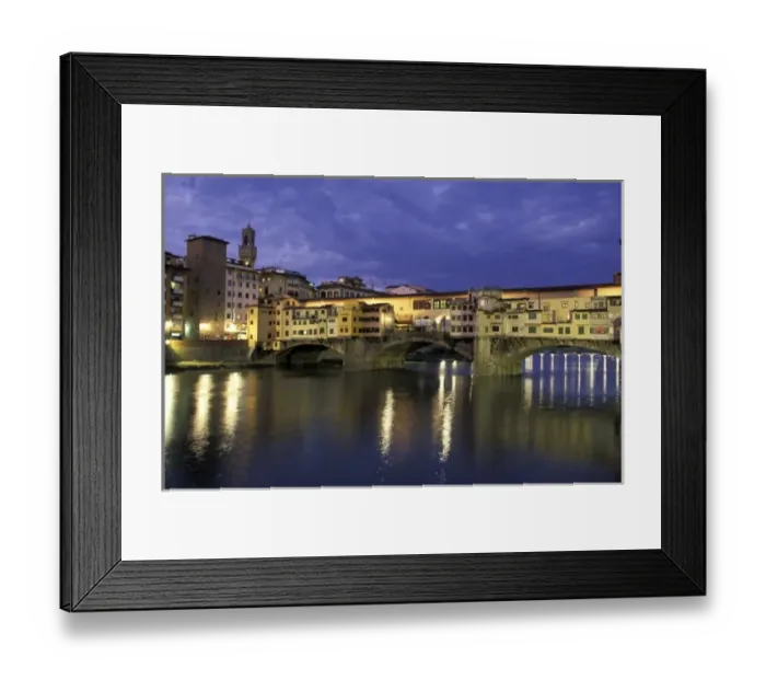 Framed Print : Italy, Tuscany, Florence. Evening view of Ponte Vecchio from Arno River Framed Print : Italy, Tuscany, Florence. Evening view of Ponte Vecchio from Arno River